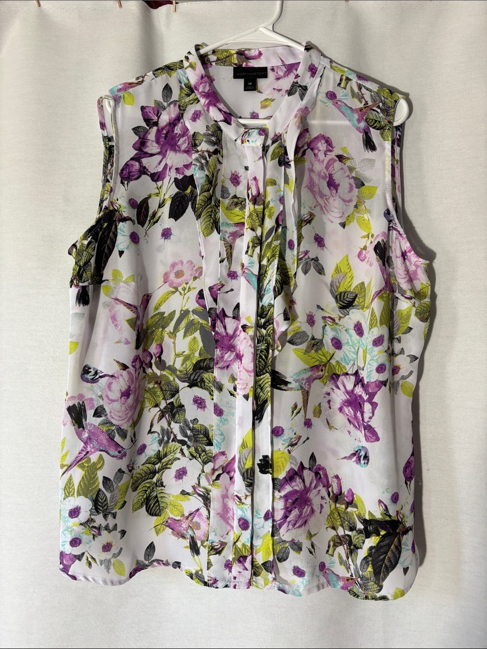 Worthington White Floral Button-Up Sleeveless Blouse